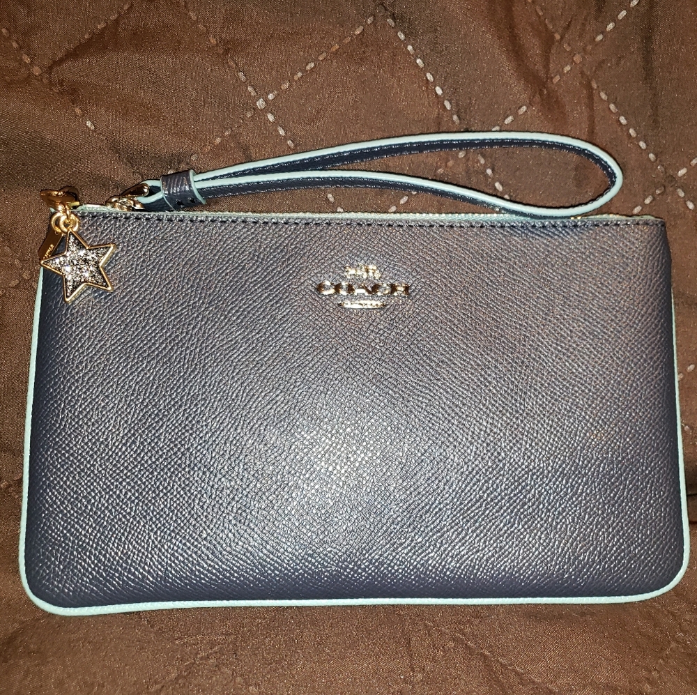 Coach Two Tone Blue Wristlet with Star Charm NWT
